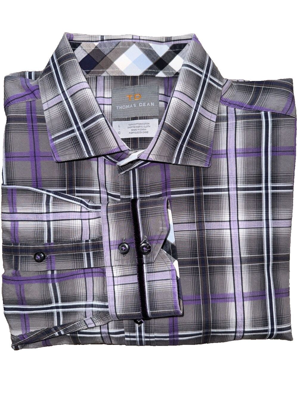 Thomas Dean Plaid Button Down Shirt Gray Purple Cotton Long Sleeve Casual Men L